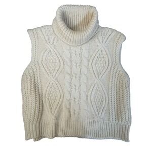 By Anthropologie Cream Cable Knit Turtleneck Sweater Vest One Size Ivory Chunky